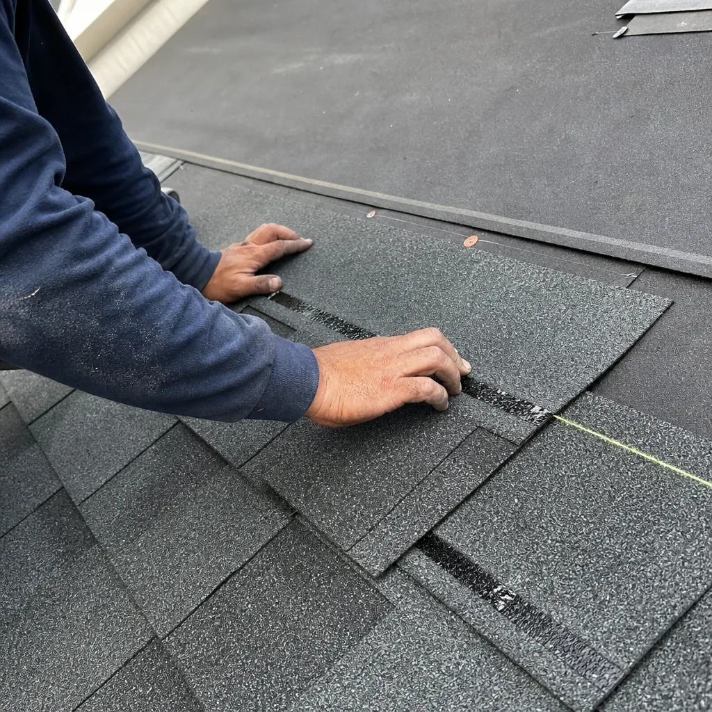 A professional roofer installing asphalt shingles on a residential roof.