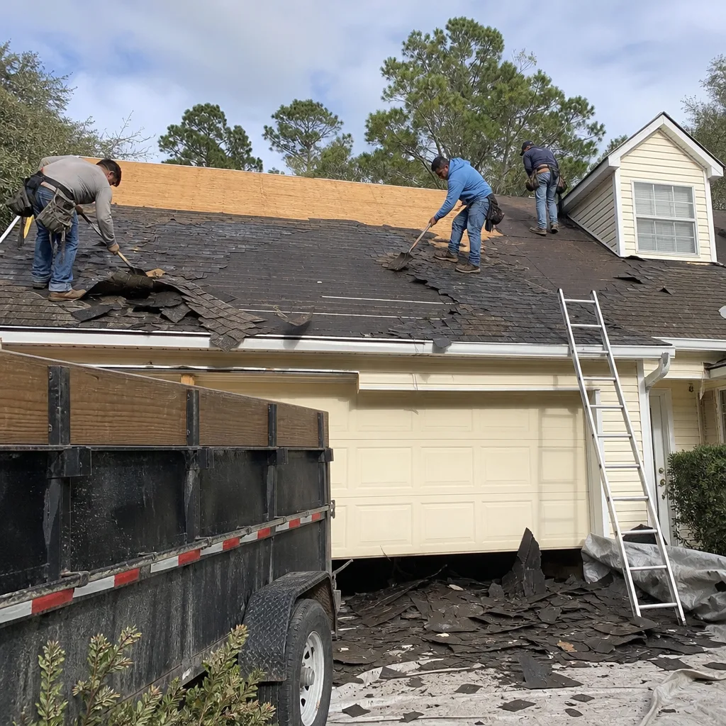 Professional roofers removing shingles during a residential roof replacement project