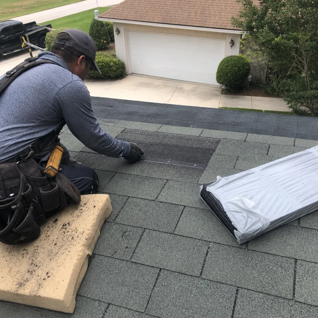 Professional roofer performing a shingle roof repair on a residential home