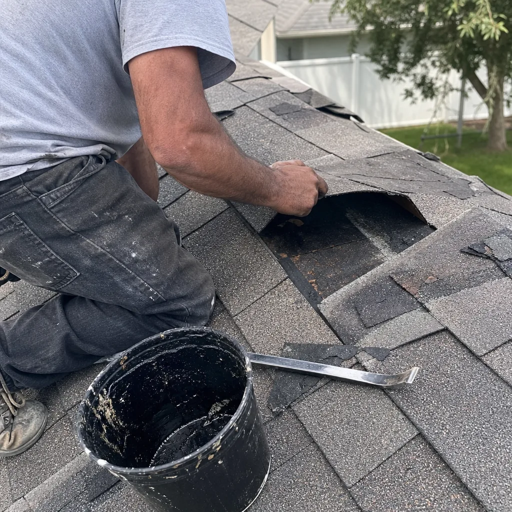 Roofing contractor repairing damaged asphalt shingles on a residential roof