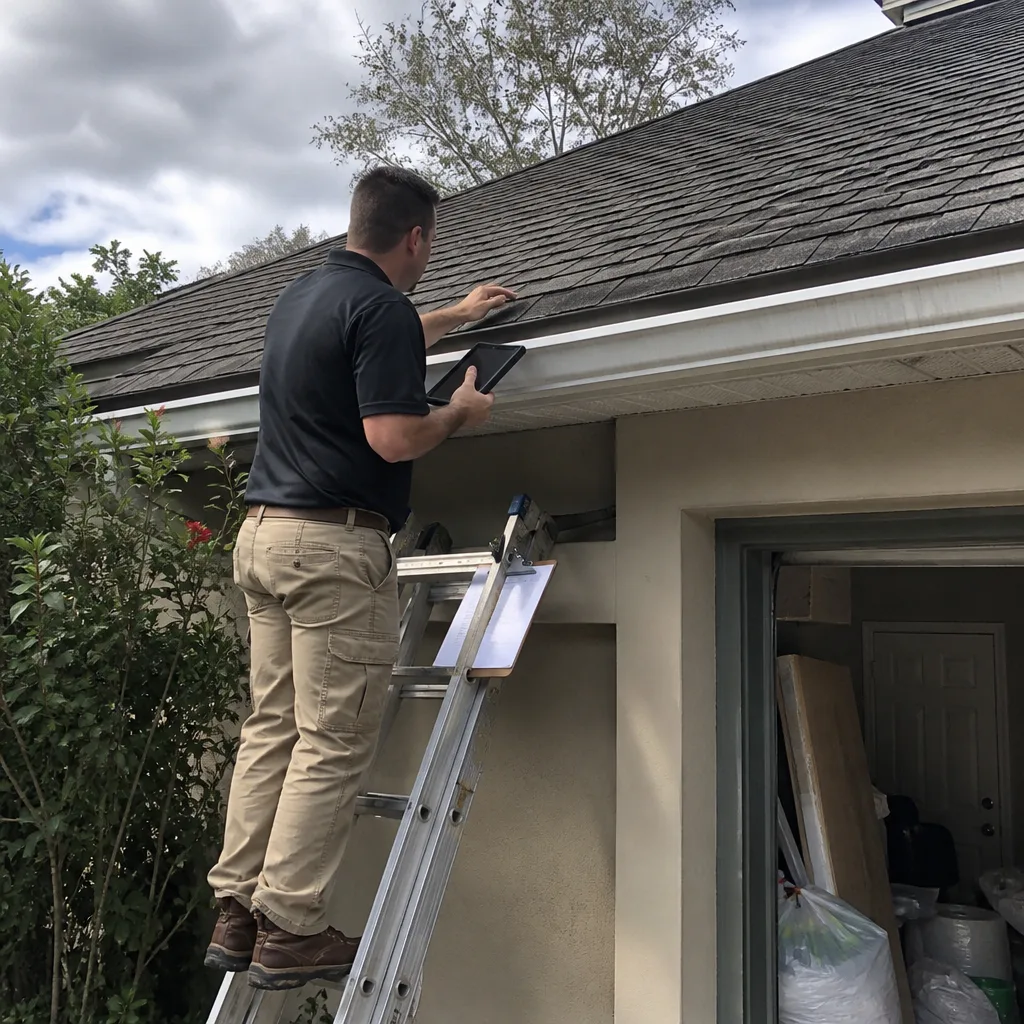 Roofing professional performing a residential roof inspection using a digital tablet