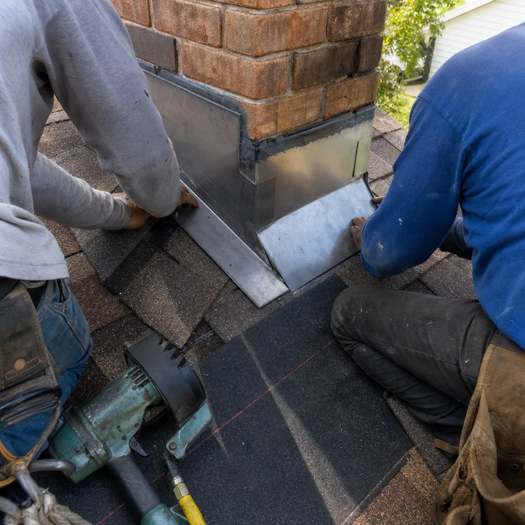 Roofers installing metal chimney flashing on a residential asphalt shingle roof.